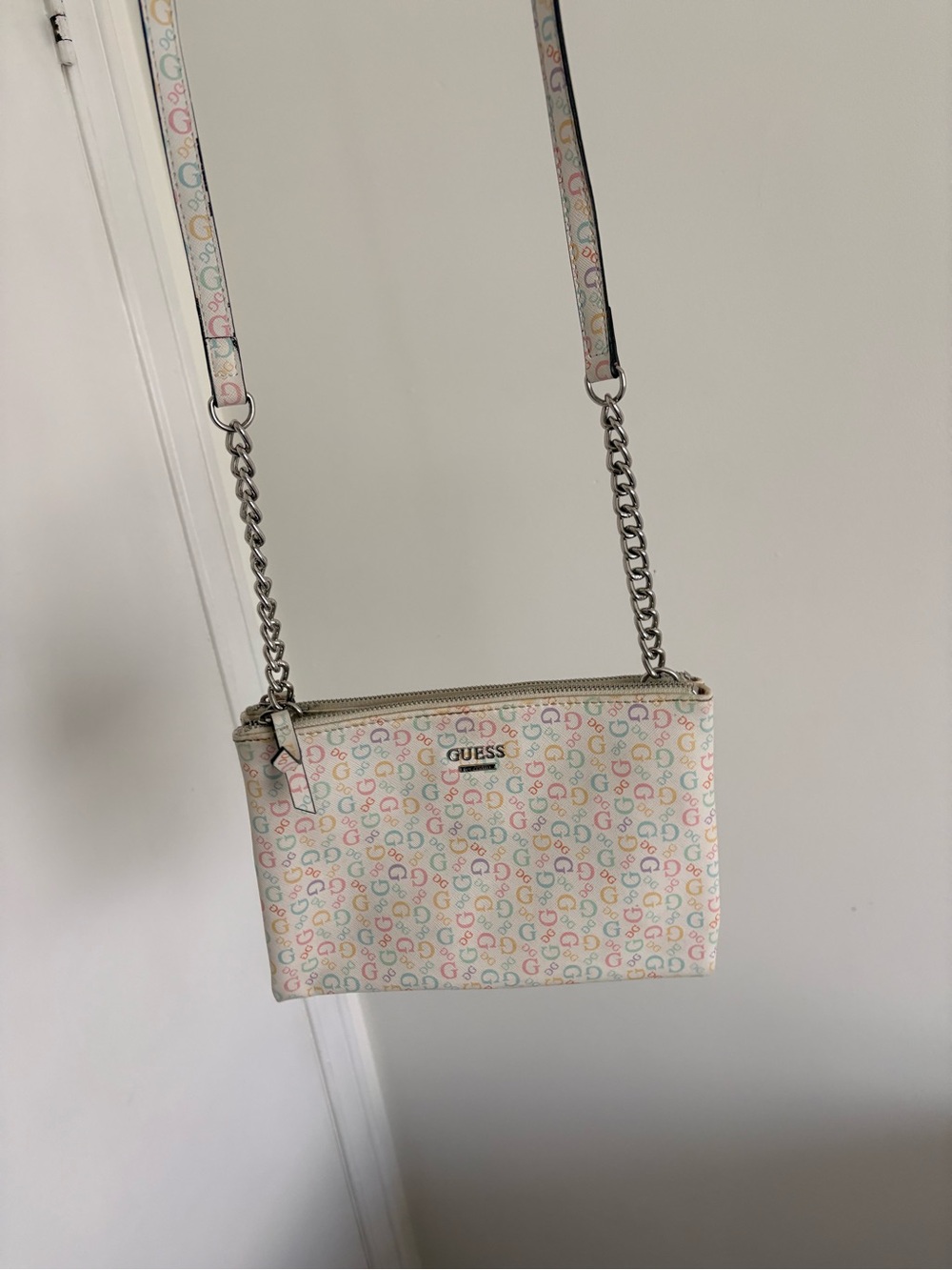 GUESS Pastel Monogram Chain-Accent Crossbody in White